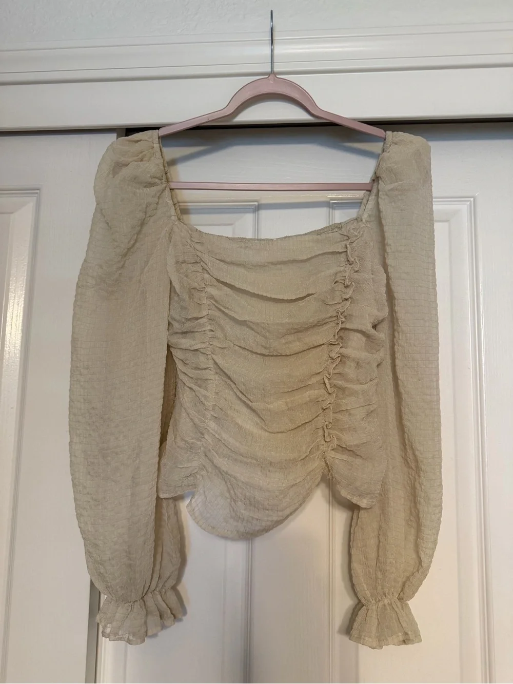 Astr Ruched Square-Neck Blouse in Cream